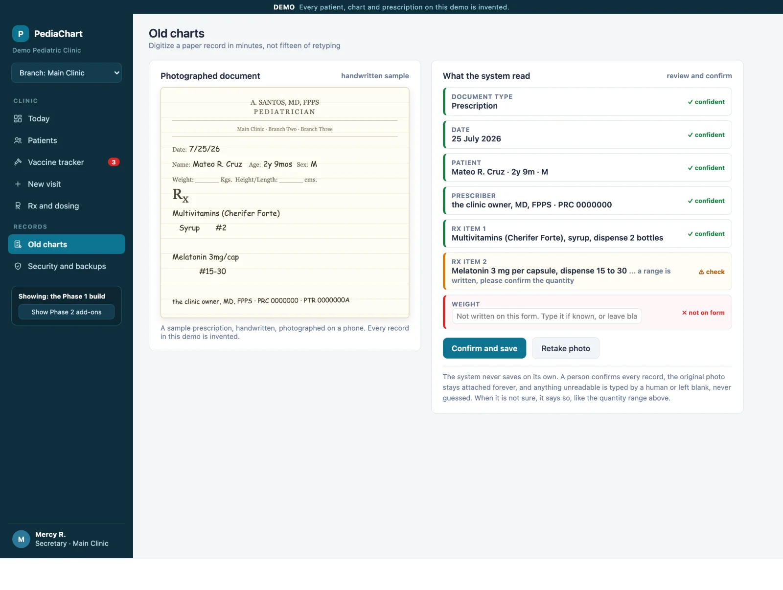 A clinic records screen showing a photographed prescription on the left and the fields the system read on the right, each marked confident, check, or not on form.