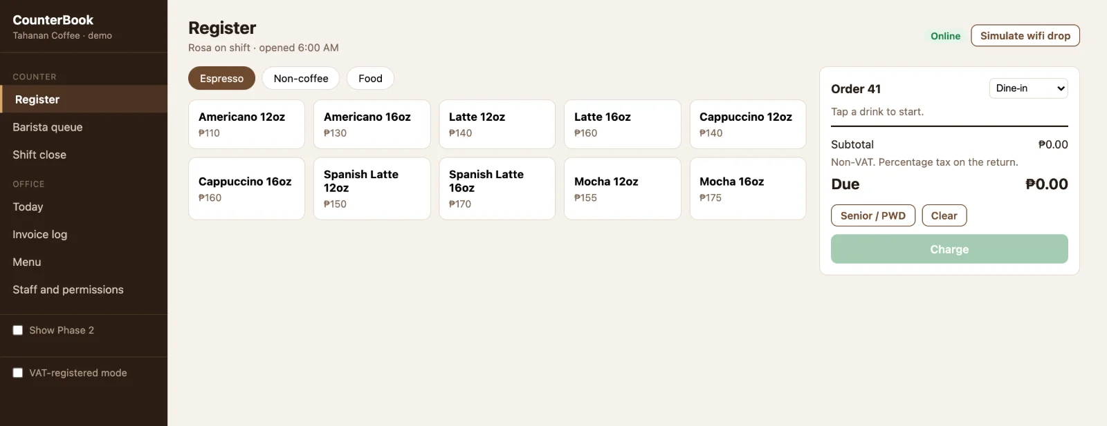The CounterBook register screen for an invented coffee shop, showing drink tiles with prices, an open order, and a senior or PWD discount button.