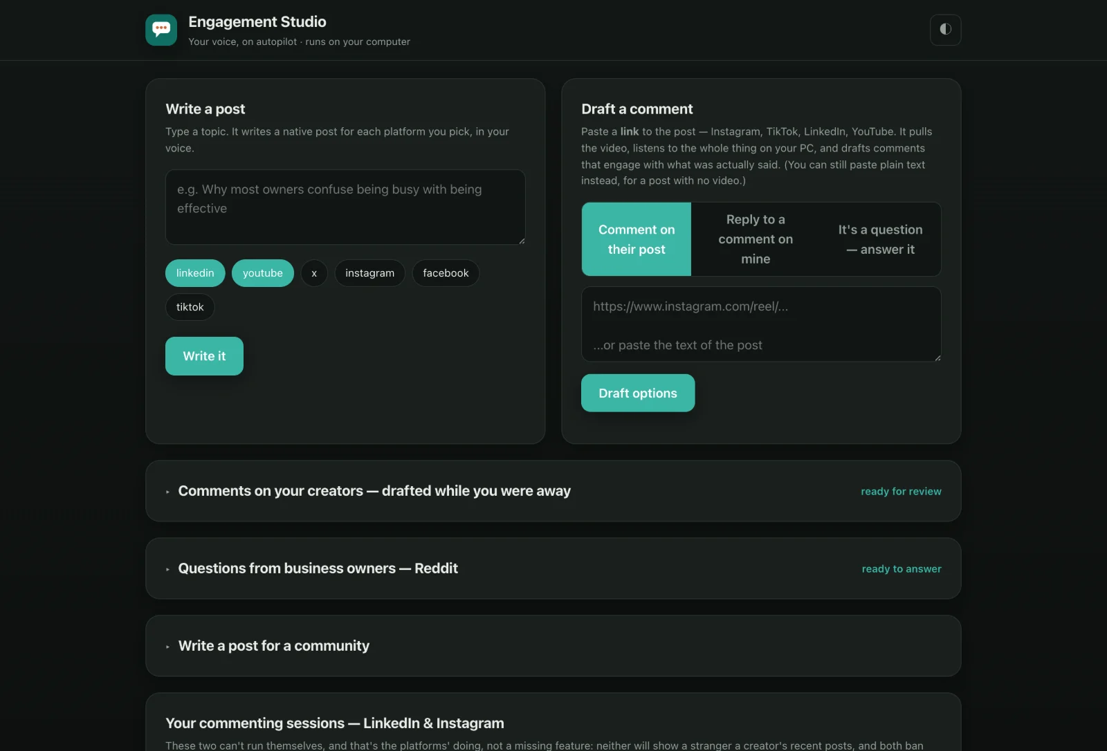 The Engagement Studio dashboard, a dark interface with cards for writing a post, drafting a comment, reviewing drafted comments, and answering questions from business owners.
